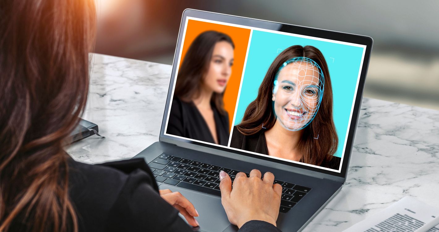 Woman browsing her laptop, detecting possible deepfake frauds Woman browsing her laptop, detecting possible deepfake frauds