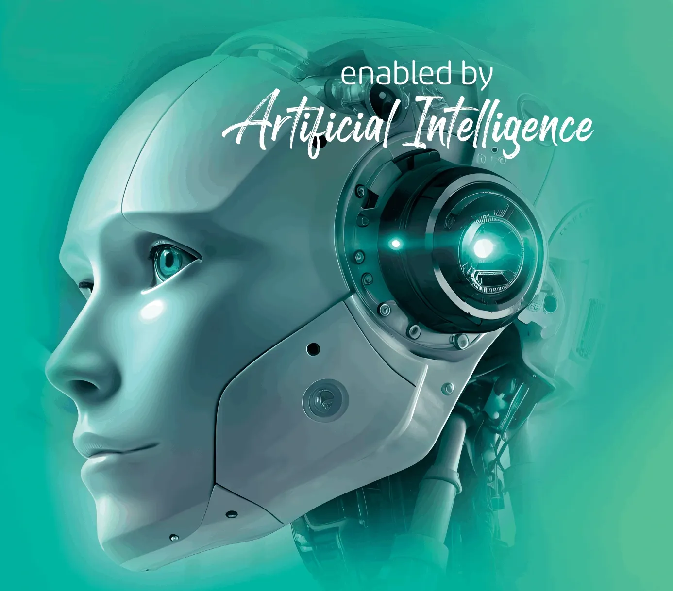 Futuristic robot head with glowing eye and text reading 'Enabled by Artificial Intelligence' used in TP branding. Futuristic robot head with glowing eye and text reading 'Enabled by Artificial Intelligence' used in TP branding.