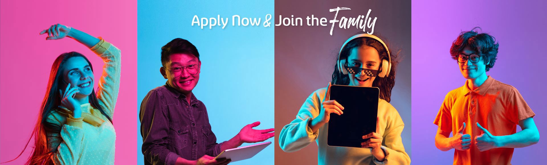 Four people pose with cheerful expressions; one gestures, another holds papers, a third wears headphones holding a tablet, and the last gives thumbs up. text: "apply now & join the family."