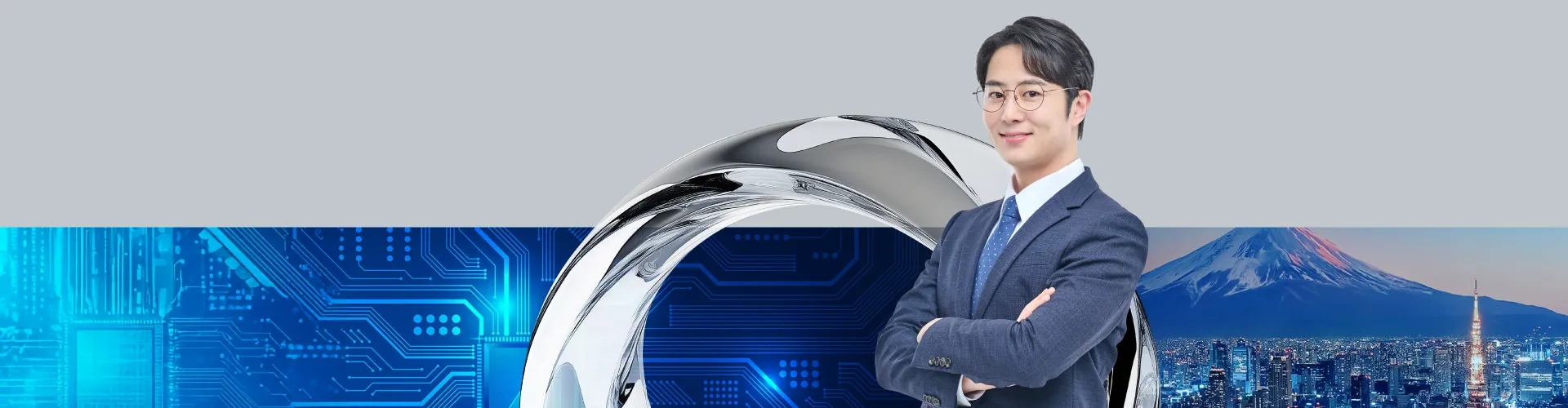 A professional businessman in a suit stands confidently with a Tokyo skyline and Mount Fuji backdrop.