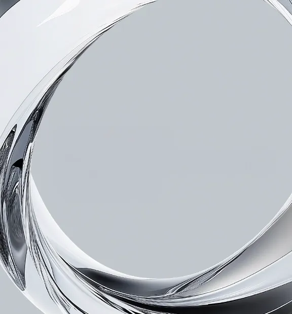 Abstract metallic ring structure surrounding the text 'Creating real business value beyond technology' on a light gray background.