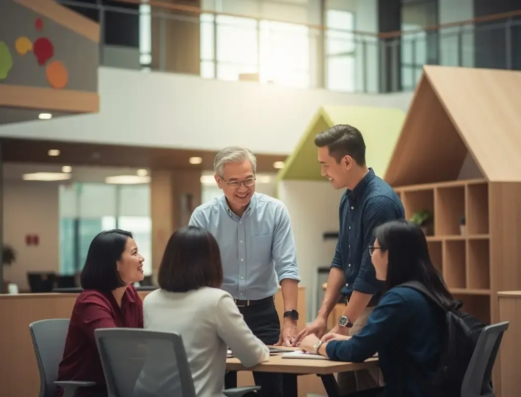 TP team members collaborating and smiling during a workplace meeting.