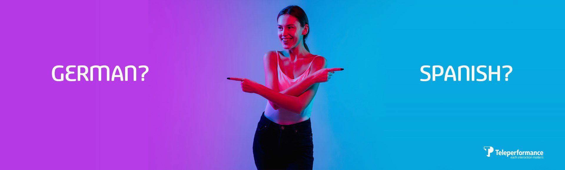 Woman poiting to German or Spanish language options 