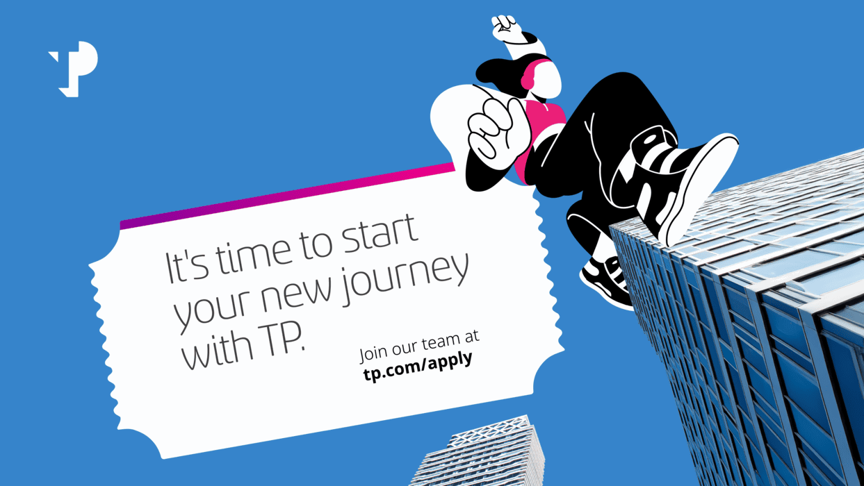 Animated character walks over real skyscrapers in a modern city, inviting people to join TP.