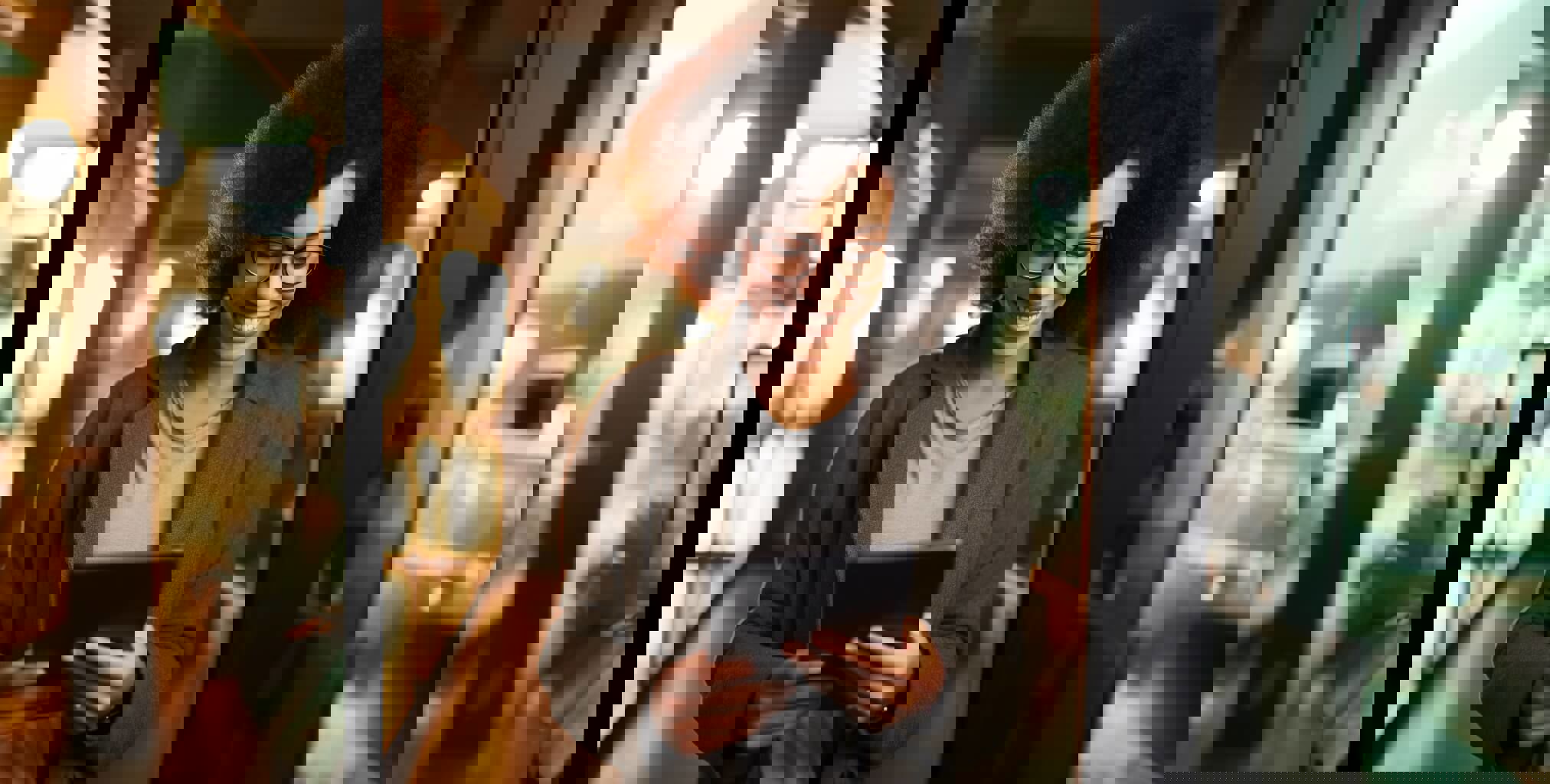 Femme souriante lisant du contenu sur une tablette dans un environnement professionnel moderne.