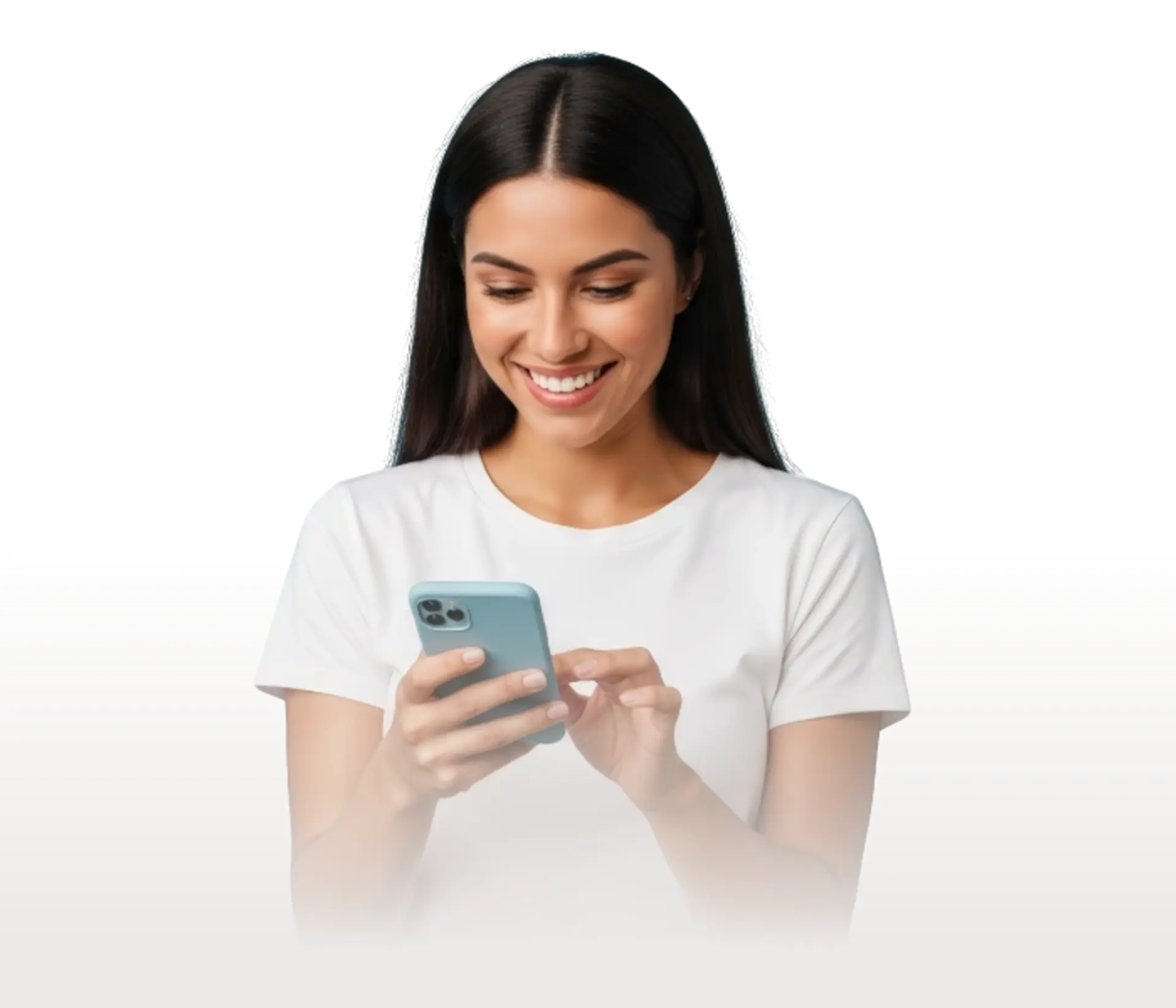 Smiling woman using her smartphone with focus on a positive digital interaction experience.