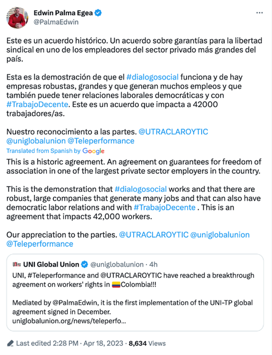 Edwin Palma post re-affirming shared commitments to workers’ rights in Colombia. Edwin Palma post re-affirming shared commitments to workers’ rights in Colombia.