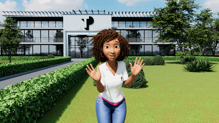 Isabella, a TP digital influencer, shows off her new look while waving in front of a TP building with lush greenery.