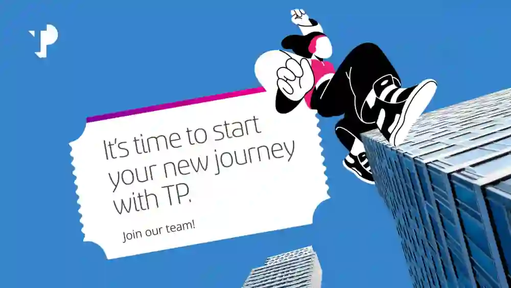 Modern animated character wearing headphones walks on top of real skyscrapers, inviting people to join the TP team.