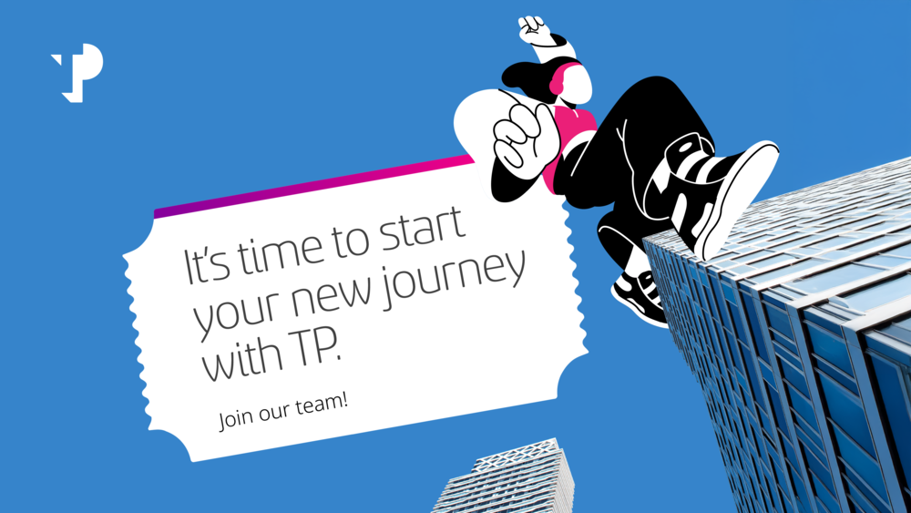 Modern animated character wearing headphones walks on top of real skyscrapers, inviting people to join the TP team.