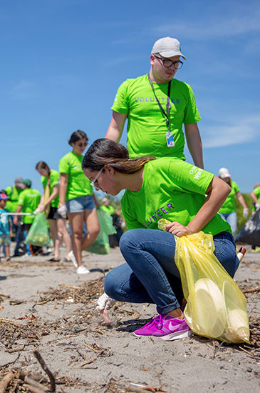 Un grupo de personas con camisetas verdes limpia una playa, recogiendo basura con bolsas. El evento se lleva a cabo bajo un cielo azul despejado. Un grupo de personas con camisetas verdes limpia una playa, recogiendo basura con bolsas. El evento se lleva a cabo bajo un cielo azul despejado.