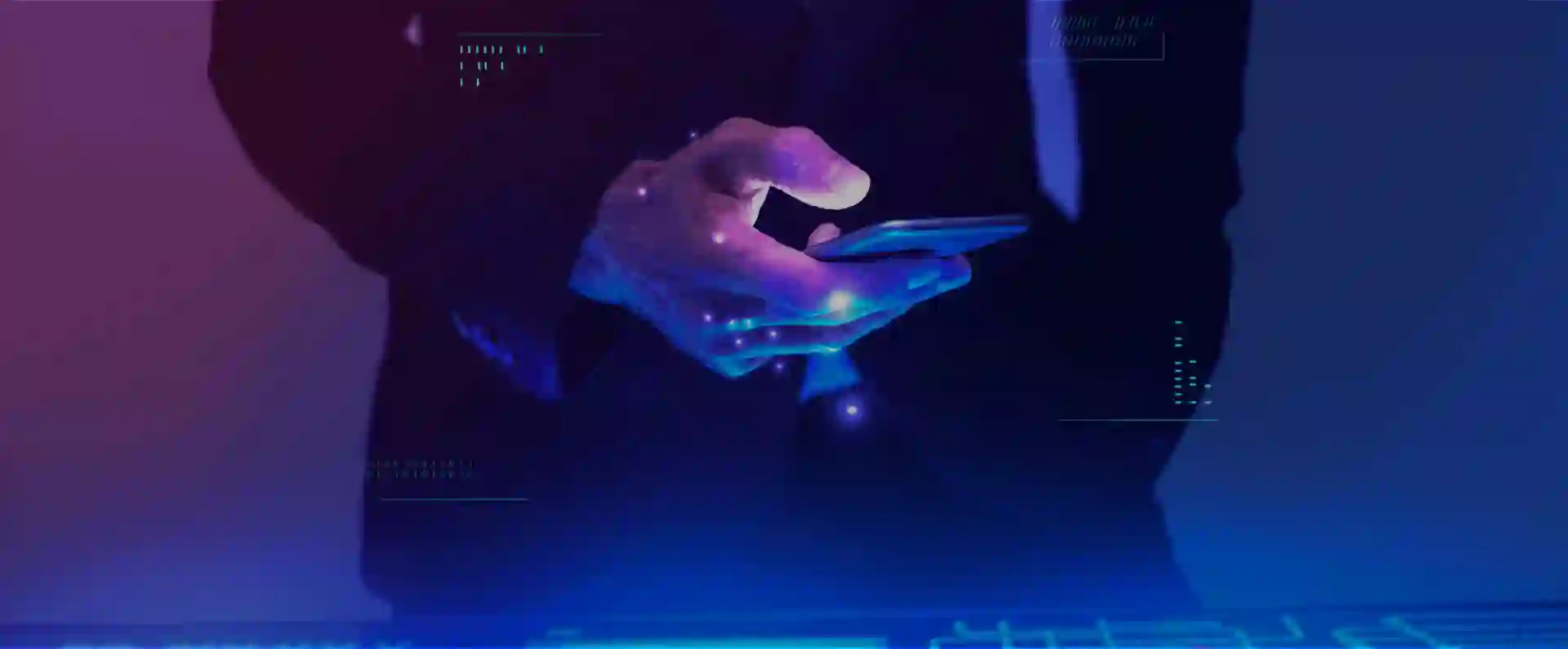 A hand holds a smartphone, glowing with blue-purple digital effects, in a dark environment suggesting a technological or futuristic setting.
