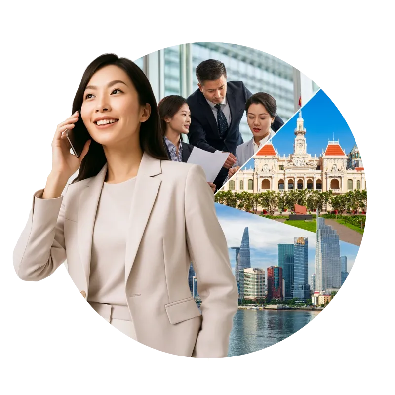 A professional woman in business attire, with city and team visuals.