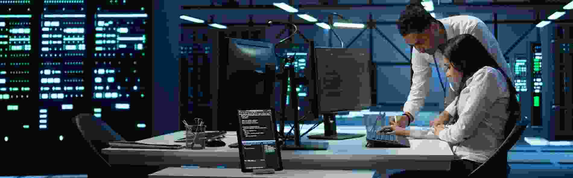 Colleagues browsing computer together inside a modern high-tech office