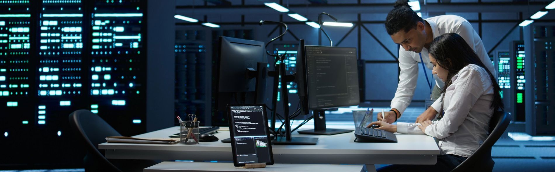 Colleagues browsing computer together inside a modern high-tech office