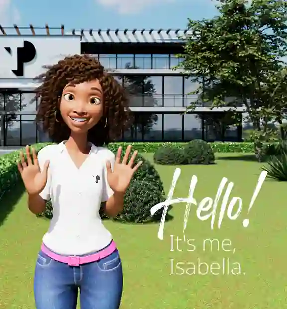 Isabela, TP digital influencer, showing off her new look in front of a digitally rendered TP building.