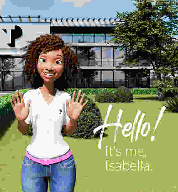 Isabela, TP digital influencer, showing off her new look in front of a digitally rendered TP building.