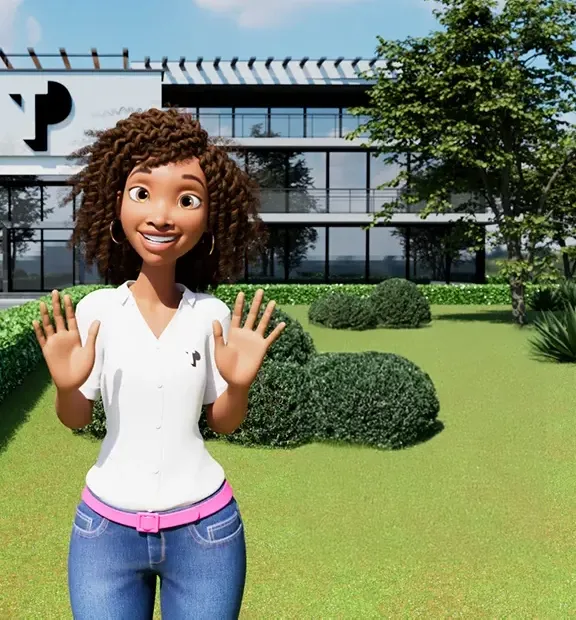 Isabela, TP digital influencer, showing off her new look in front of a digitally rendered TP building.