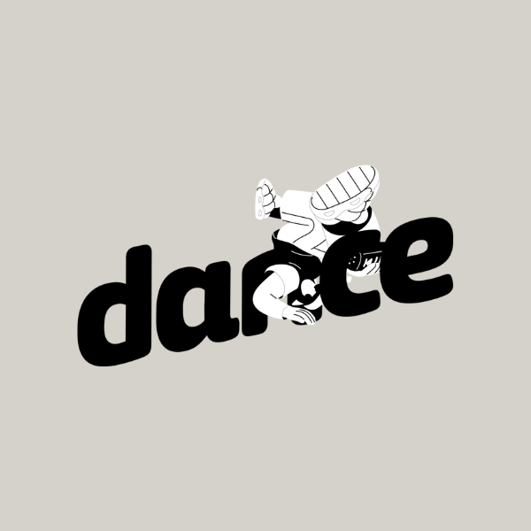 Black and white animation of an animated character breakdancing with a headspin, featuring large "Dance" lettering in the background. Black and white animation of an animated character breakdancing with a headspin, featuring large "Dance" lettering in the background.