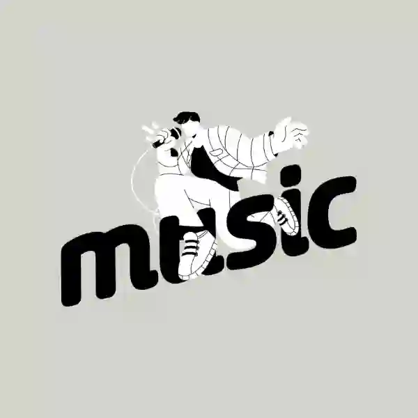 Black and white animation of a young person singing into a microphone with large "Music" lettering in the background.