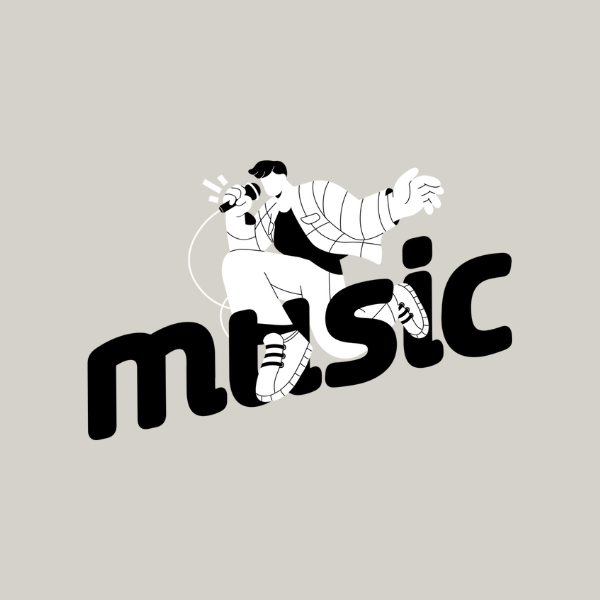 Black and white animation of a young person singing into a microphone with large "Music" lettering in the background. Black and white animation of a young person singing into a microphone with large "Music" lettering in the background.