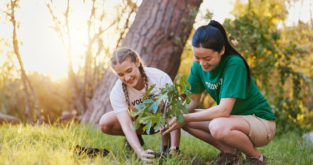 Two young volunteers planting a tree, representing environmental commitment and sustainability.