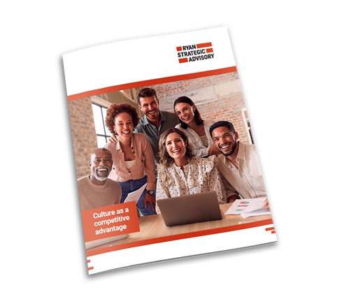 a group of six smiling people gathers around a laptop on a desk in a well-lit room. text: "ryan strategic advisory" and "culture as a competitive advantage.