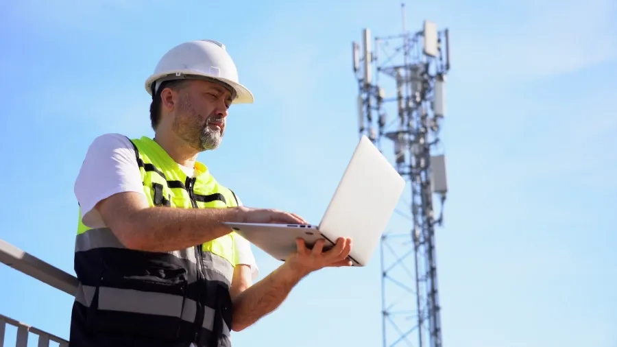 Technician using a laptop near a telecommunications tower during field inspection.