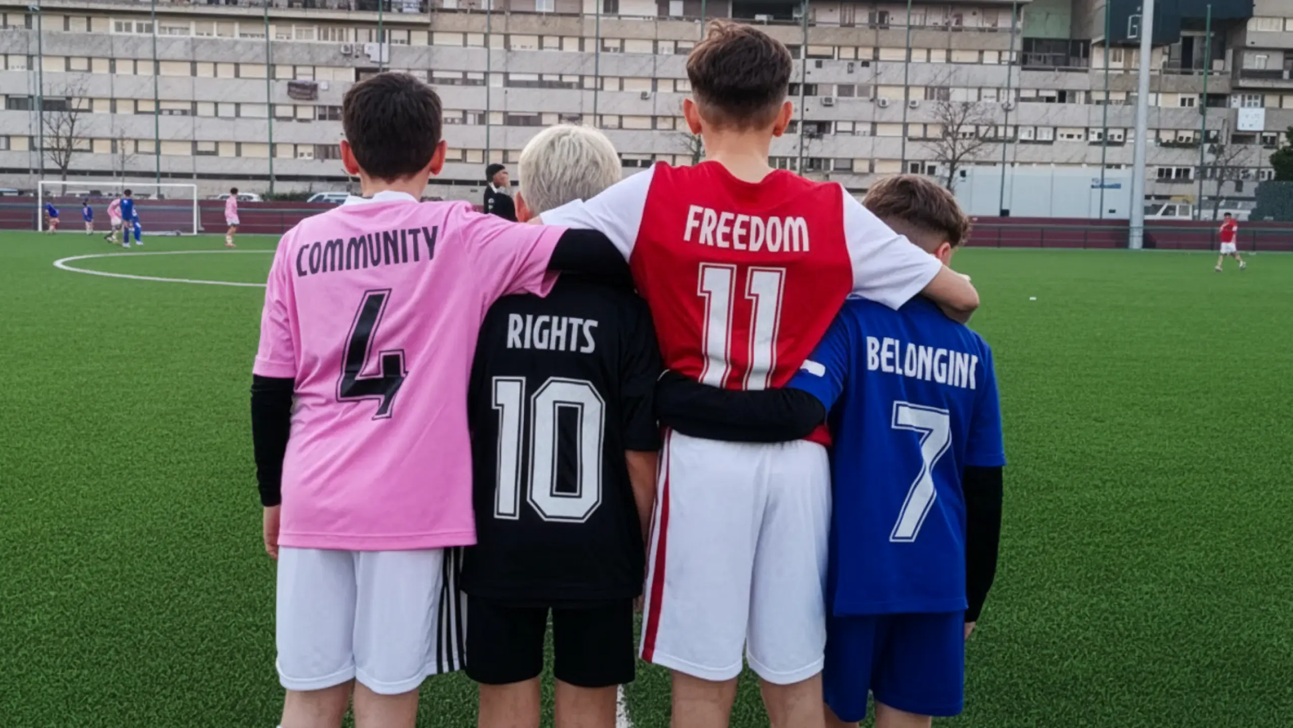 Children wearing jerseys promoting community, rights, freedom, and belonging at a TP-supported event.