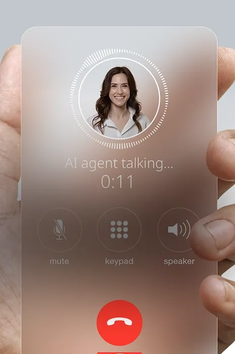 Phone screen showing a smiling woman during an AI agent voice call.