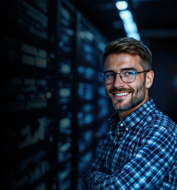 Hombre sonriendo en un entorno tecnológico 
