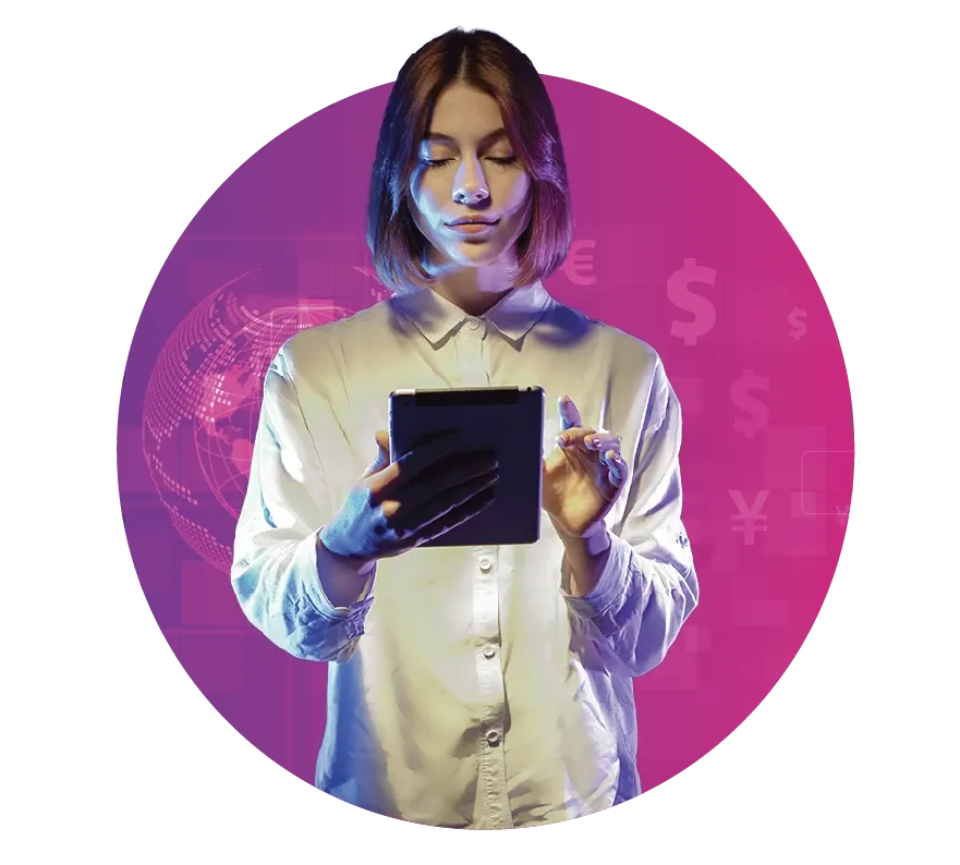 A woman with a tablet is surrounded by financial symbols. 