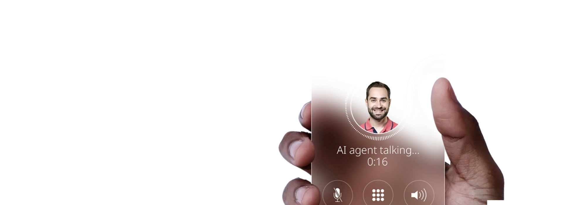 AI agent speaking on a handheld digital interface during a customer interaction.