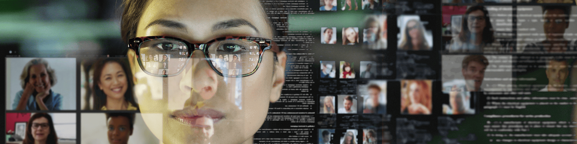 Serious woman wearing glasses in focus with profile pictures and messages on the background