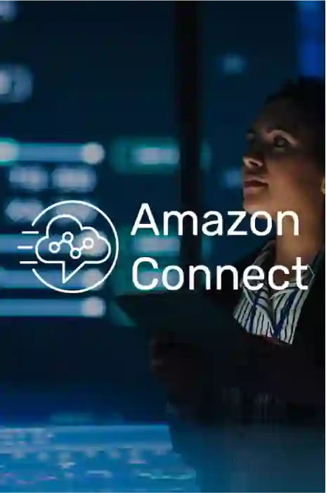 Amazon connect logo in focus and a woman working on a data center in the background