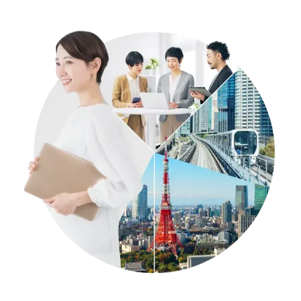 A girl in professional attire is holding a notebook. Behind her are three jigsaw puzzles. One depicts three female colleagues discussing work, and the other two are photos of city buildings.