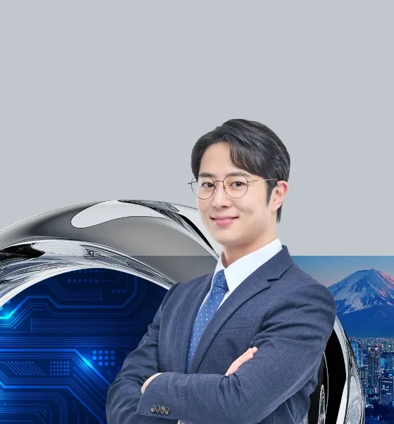 A professional businessman in a suit stands confidently with a Tokyo skyline and Mount Fuji backdrop.