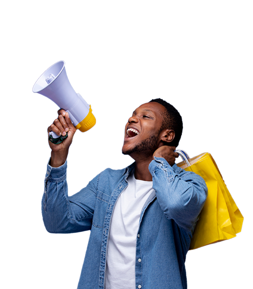a person holds a megaphone in their right hand, appearing to shout, while carrying yellow shopping bags on their left arm. they wear a denim shirt over a white t-shirt. a person holds a megaphone in their right hand, appearing to shout, while carrying yellow shopping bags on their left arm. they wear a denim shirt over a white t-shirt.