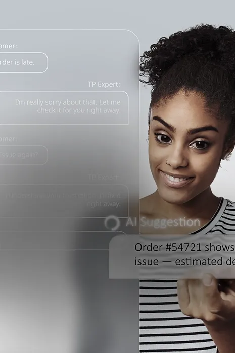 Smiling woman holding a phone beside a digital chat interface with AI suggestion.