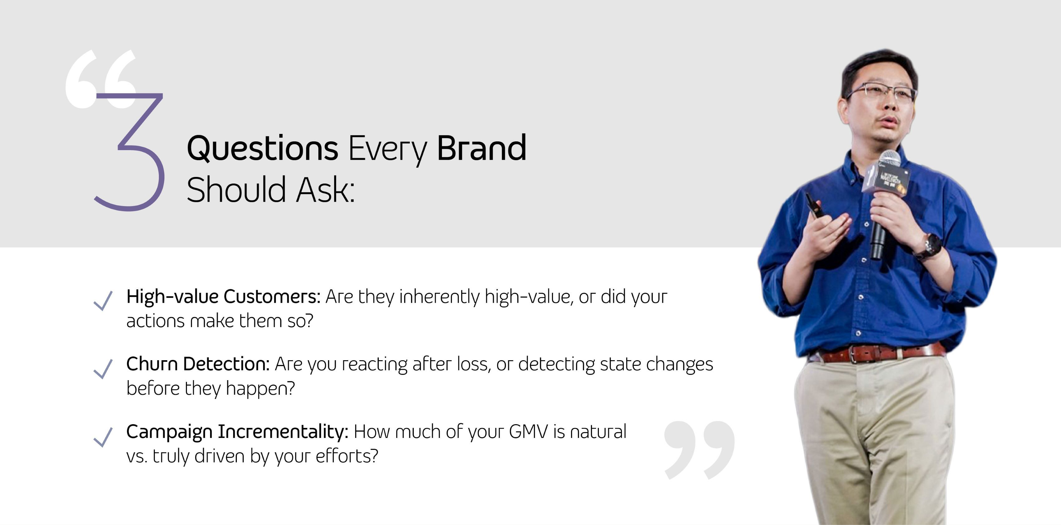 A speaker raises three core business questions during his onstage sharing.