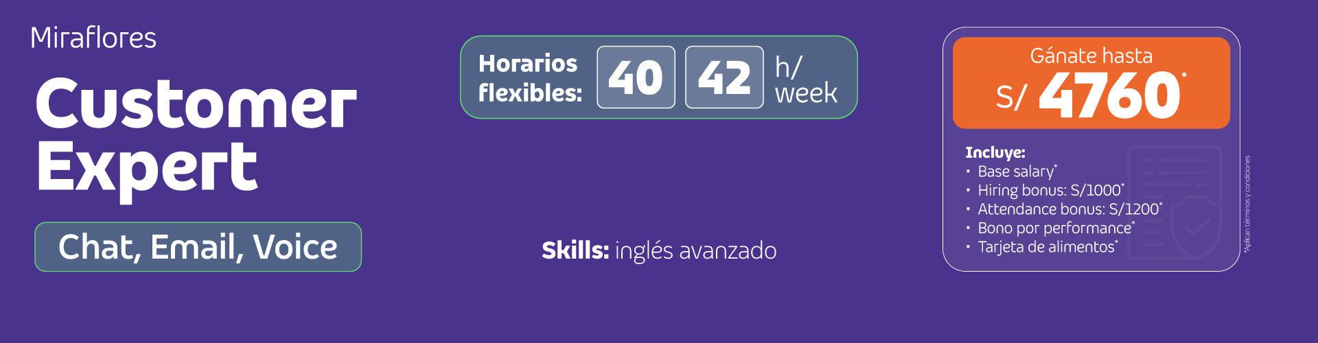 Vacante con horarios flexibles y bono por contratación