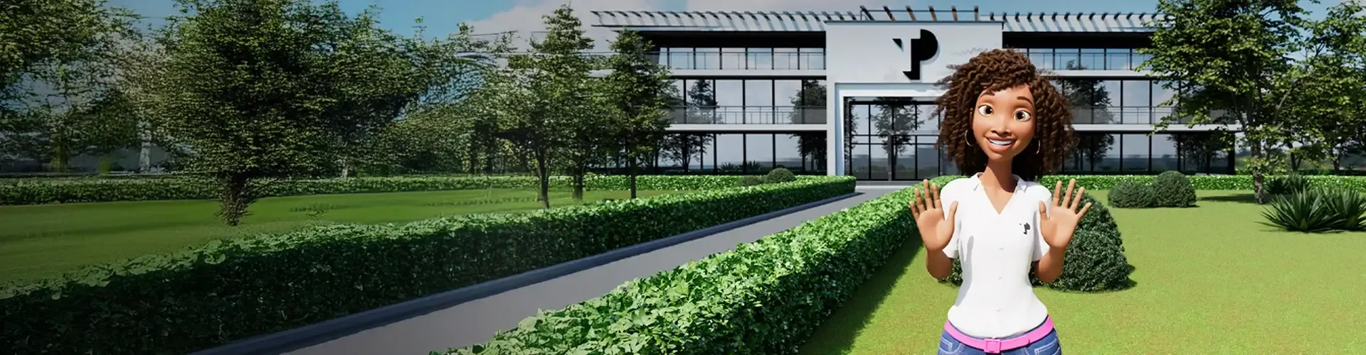 Isabela, TP digital influencer, showing off her new look in front of a digitally rendered TP building.