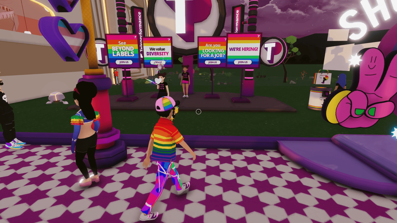 3D avatars at a Pride-themed recruitment booth in the metaverse, with rainbow-colored signs reading ‘See beyond labels,’ ‘We value diversity,’ ‘Are you looking for a job?,’ and ‘We’re hiring!,’ surrounded by bright neon lights and TP branding.