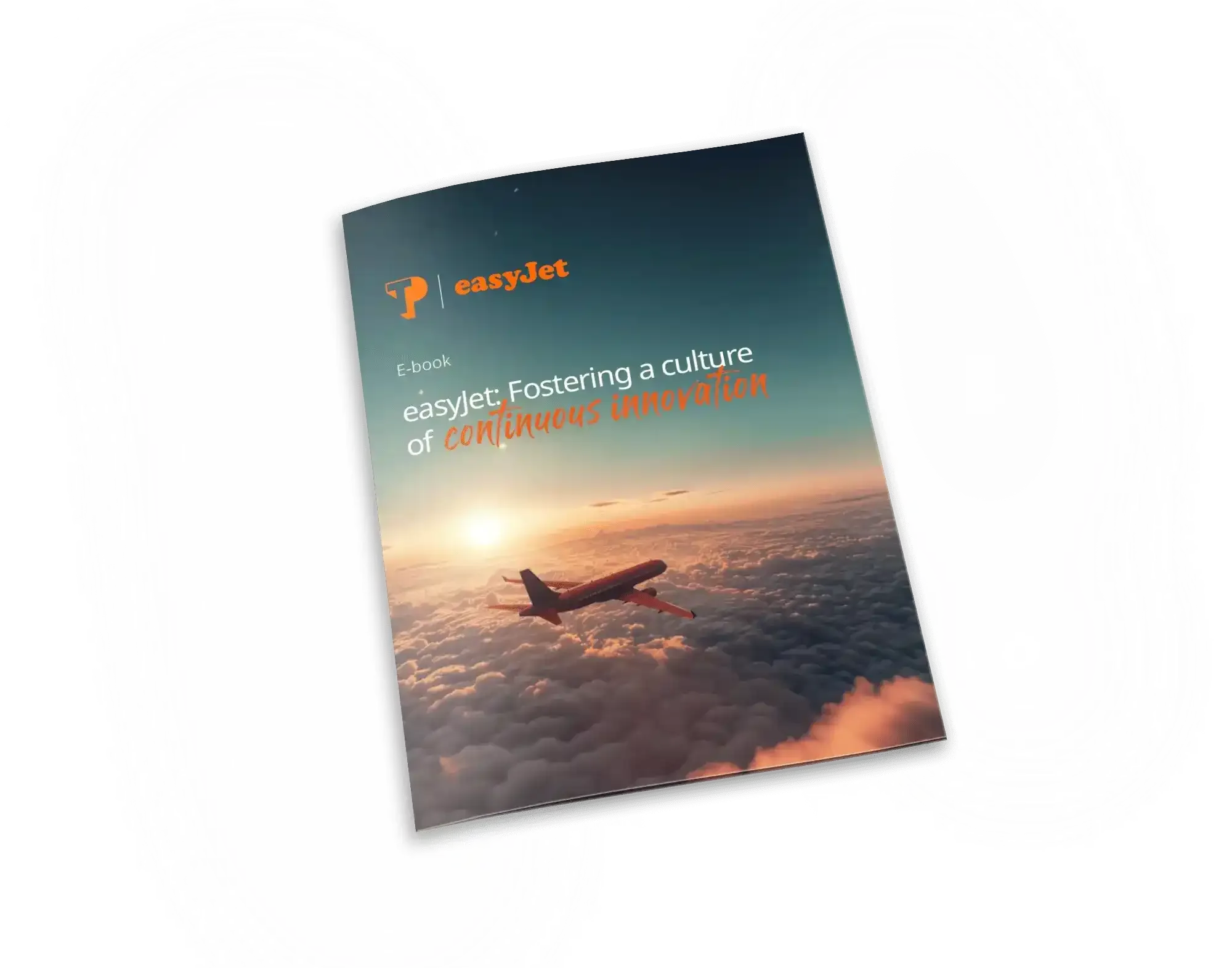 E-book cover with easyJet logo and airplane flying above clouds at sunset, titled fostering a culture of continuous innovation.