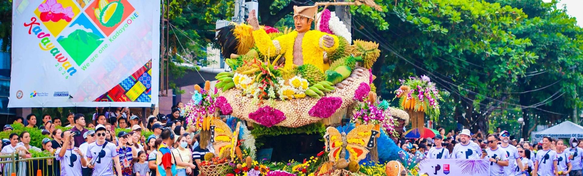 Colorful float of TP made with vibrant flowers and fruits