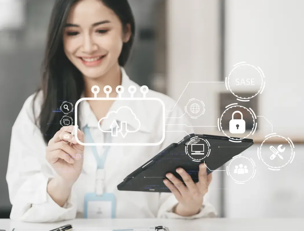 Asian woman interacting with a 3D digital interface.