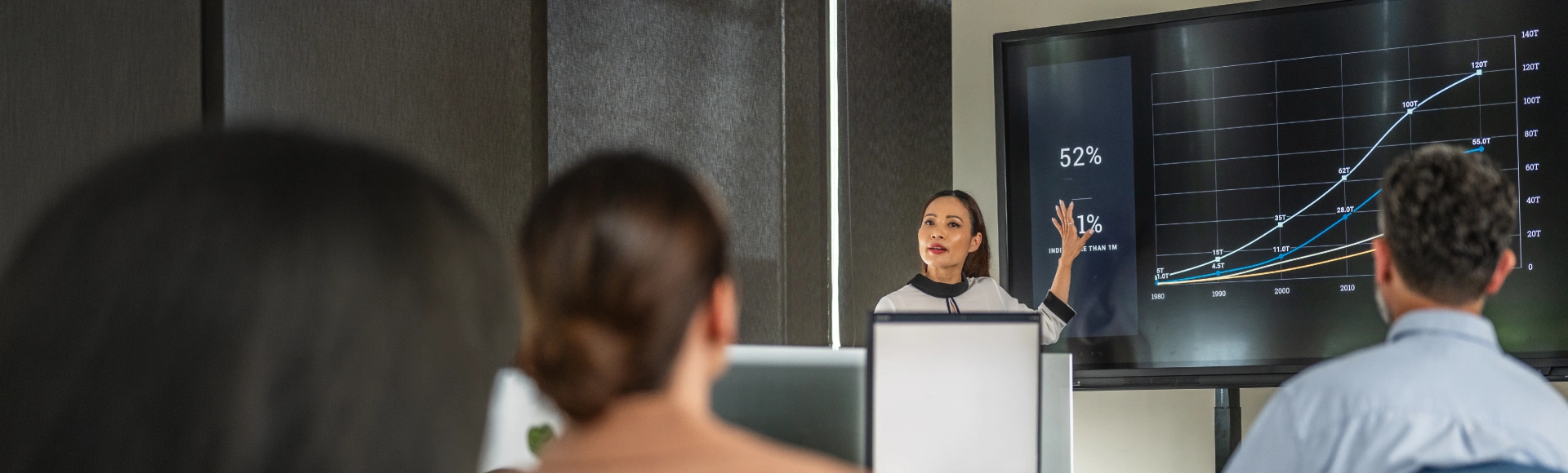 Business professional presenting company growth using a chart.