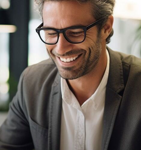 a man wearing glasses smiles broadly while seated, dressed in a suit jacket and shirt. he appears to be in an office or professional environment with blurred background details.