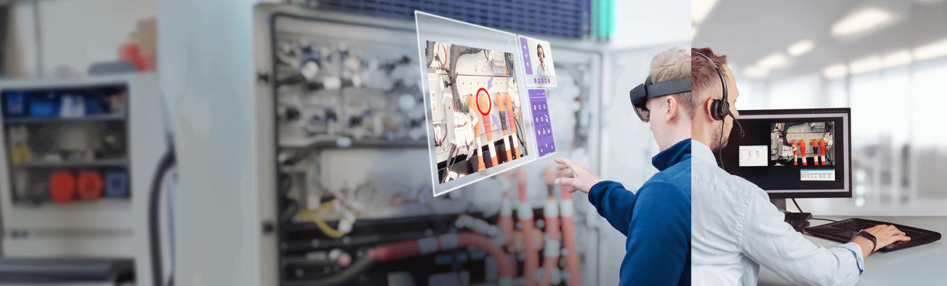 Two professionals collaborate on a project using advanced technology, with one providing remote guidance while the other operates on-site. Image represents Field Support solutions.