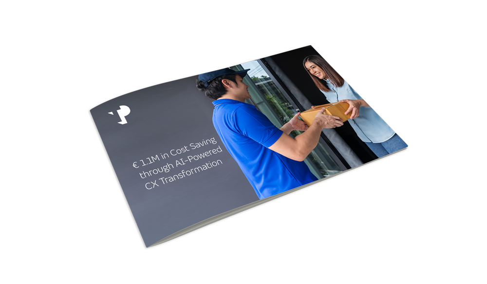 Courier in a blue uniform delivering a cardboard package to a customer at the doorstep of a modern home.